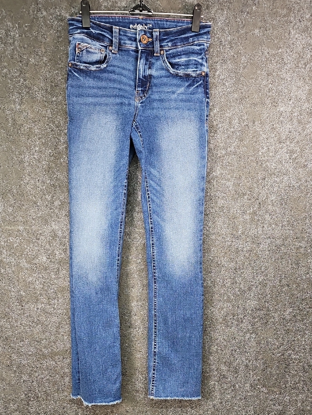 Edgely Mid Rise Slim Boot Cut Faded Disrtress 5 Pocket Dark Wash Jeans, Size 0